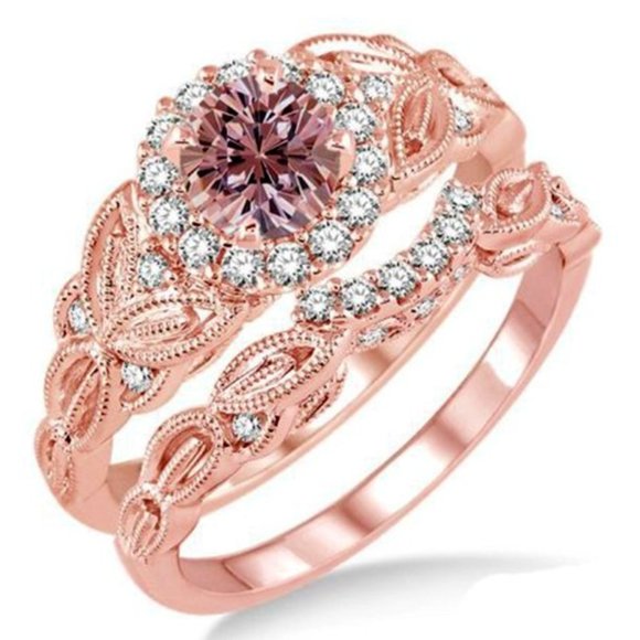 Women's Floral Pair Finger Champagne Zircon Copper Plated Rose Gold Ring - Picture 1 of 1